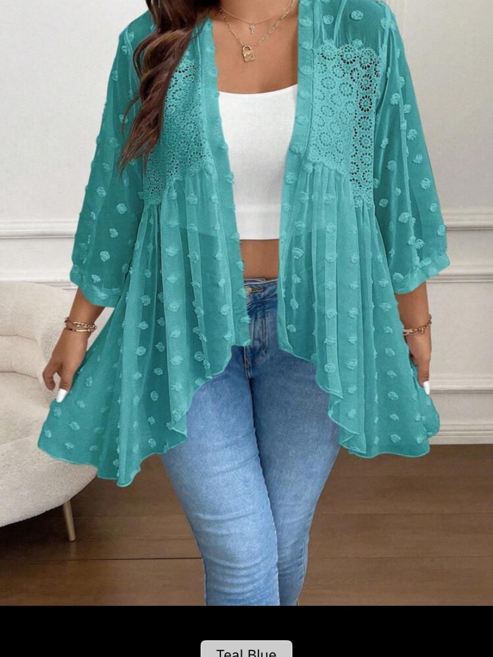 SHEIN Teal Blue Crochet Trim Open Front Kimono Cardigan